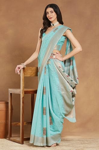 Image of Janasya Women's Sea Green Linen Blend Ethnic Motifs Woven Design Jacquard Saree with Blouse Piece