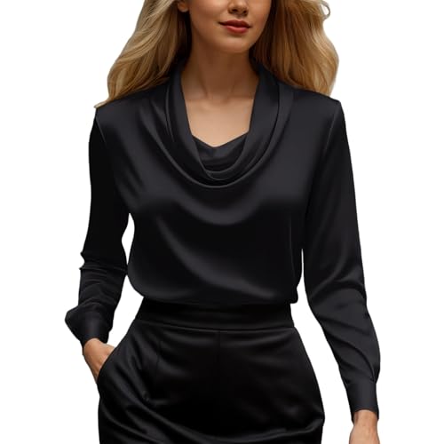 Generisch Elegante blusa de manga larga con cuello drapeado para trajes atemporales e informales con caída fluida y diseño moderno y minimalista., Negro , XL