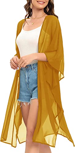 Image of Indian Trendy Women's Solid Puff Sleeve Kimono Long Cardigan Loose Cover Up Casual Blouse Top Chiffon