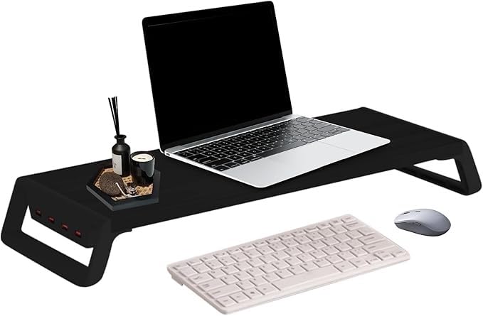 Soporte for monitor, con 4 puertos USB, accesorios de escritorio, estante de madera, for escuela, apartamento, dormitorio, cibercafé(Black)