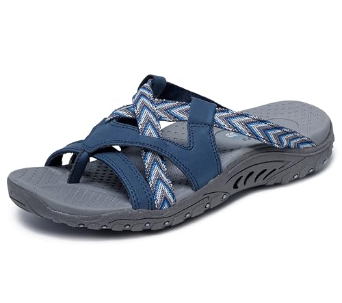 Skechers Women's Reggae-SOUNDPROOF-Thong Slide Multi-Strap Sandal, Navy, 10 M US