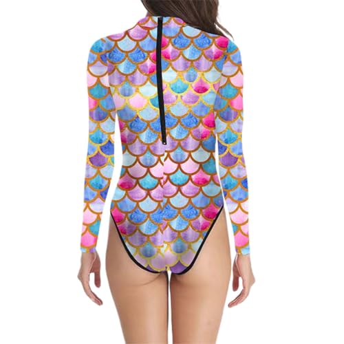Generisch Traje de baño de sirena de manga larga para mujer, traje de baño con estampado de escamas de pescado, traje de baño sexy de una pieza, traje de baño de sirena, traje de baño con brillo para