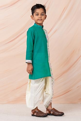 Image of Kids Ethnic Wear - Stylish Half Printed & Vibrant Color Pure Cotton Kurta with Elastic Waist Dhoti Set for Boys
