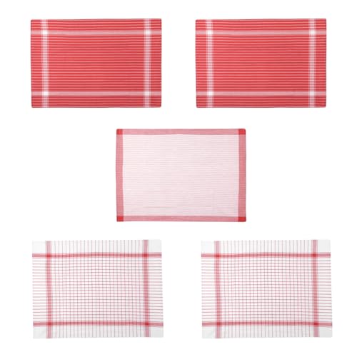 KASANOVA Juego de 5 paños de cocina de 50 x 70 cm, de algodón, a rayas rojas