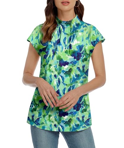 Image of Funlingo Womens Summer Tops Mock Neck Short Cap Sleeve Blouses Business Casual Work Chiffon Shirts Front Pleated Tunic Top
