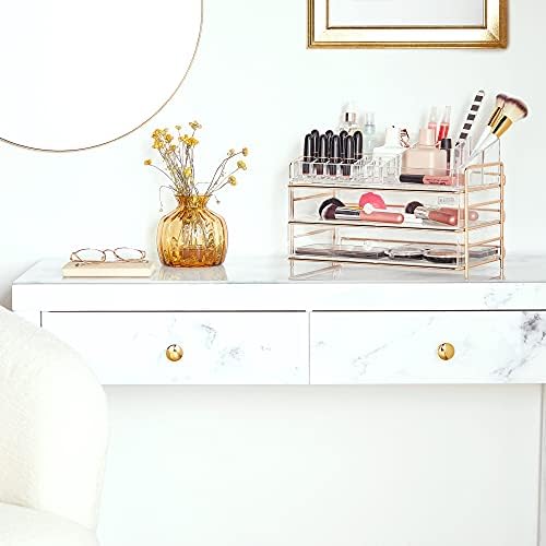BTFY Cosmetic Organiser Case Acrylic Table Storage Stand with Champagne Frame for Makeup - Clear Vanity Box Holder with 2 Drawers, 12 Lipstick Compartments, 4 Large Open Spaces