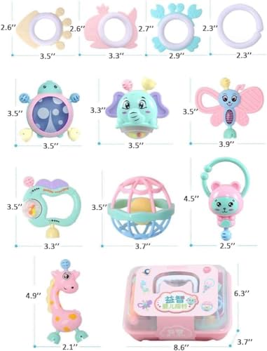 لعبة شخشيخة للأطفال 0-6 أشهر من كيدززون، لعبة تسنين للأطفال مع شنطة تخزين، ألعاب البيبي 0-3-6-12 شهر، لعبة للبنات الرضع،أفضل هدية كريسماس لحديثي الولادة للأطفال البيبي والأولاد والبنات، 11 قطعة، وردي