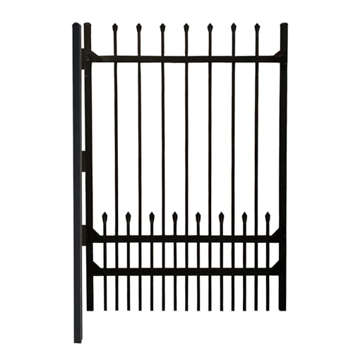 Nuwovwo Steel Fence Gate 6ft H x 4.2ft W for Metal Fence Panels, Galvanized Steel Gate with Dog Pickets, DIY Installation for Garden Fence, Wrought Iron Style, Incl. 1 Fence Post Black (Upgraded)