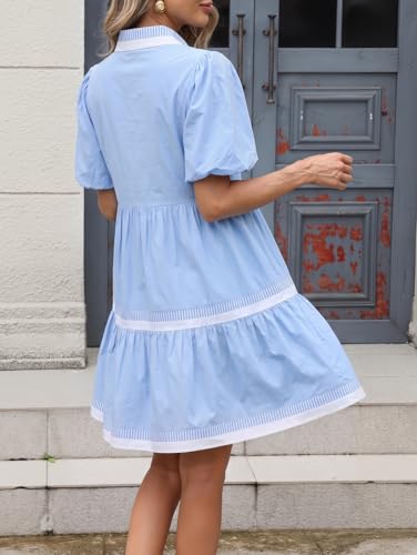Image of LifeShe Womens Puff Sleeve Babydoll Dress V Neck Navy Blue Striped Color Block Tiered Mini Dresses