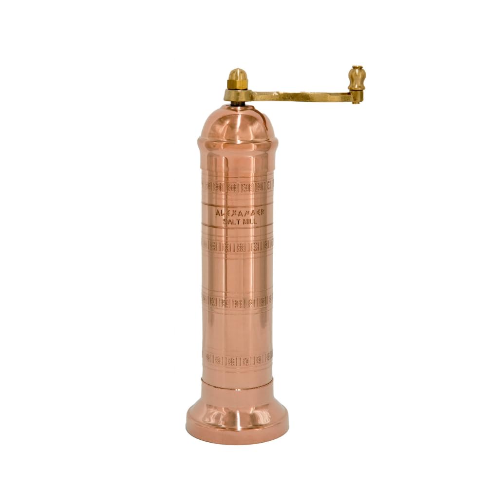 Alexander Home Original Greek Salt Mill 8 Inch Tall European Salt Mill with Crank Hand Crank Salt Mill Manual Refillable Copper