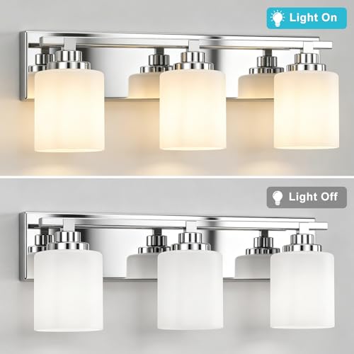 Image of Modern Bathroom Lighting Fixtures Over Mirror, Vanity Lights for Bathroom, Wall Sconces with Milky White Glass Shades, E26 Ceramic Socket, 3-Light 20-inch Chrome
