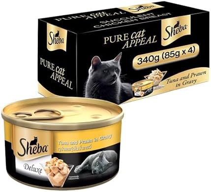 Sheba Adult Deluxe Premium Wet Cat Food, Tuna Fillet & Whole Prawns in Gravy, 4 Cans (4 x 85g)