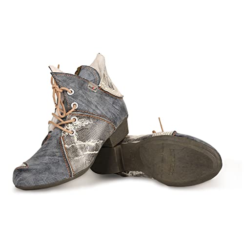 TMA EYES Women's Ankle Boots V Cutout Patchwork Booties Low Heel Lace-up Boots4