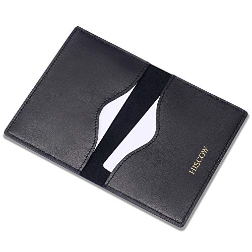 Image of HISCOW Minimalist Thin Bifold Card Holder Italian Calfskin (Black, Gold logo), Small