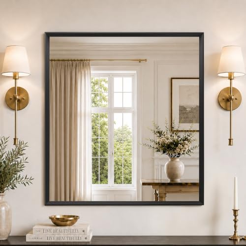 JISOSO 36x36 Inch Bathroom Mirror with Wood Grain Black Metal Frame