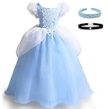 [Axaxa] シンデレラ ドレス プリンセスドレス 子供用（子供ドレス＋カチューシャ＋チョーカー） 3点セット コスプレ 衣装 プリンセスなりきり キッズコスチューム 100-130cm 誕生日/ホワイトデー/ハロウィン/イースターなどに最適 (110, 浅いブルー)