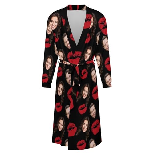 Personalized Couple Pet Face Robes for Women Men, Custom Face Photo Long Sleeve Belted Bathrobe, Funny Short Bath Robe2