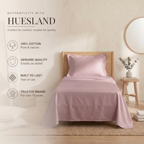 Image of Huesland Luxury 300 Thread Count Pure Cotton Sateen Weave Bedsheet for Single Bed with 2 Pillow Covers | Cameo Pink | 88 x 55 Inches