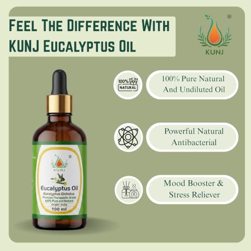 Image of KUNJ Eucalyptus Essential Oil 100ml - 100% Pure & Natural Steam Distilled Nilgiri Oil for Aromatherapy, Diffuser, Hair Care, Scalp Care, Spa, Home Fragrance & DIY Blends