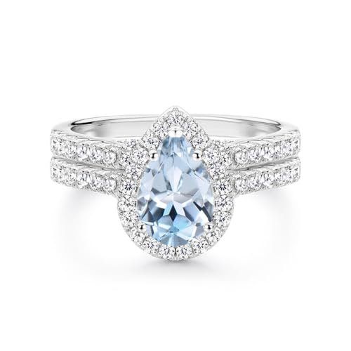 10K 14K 18K Gold Natural Aquamarine Engagement Ring Sets for Women, 1.0 CT Pear/Heart/Rould/Cushion Cut Aquamarine Moissanite Wedding Ring Set Bridal Ring Set Promise Ring for Wife Her Free Engraved