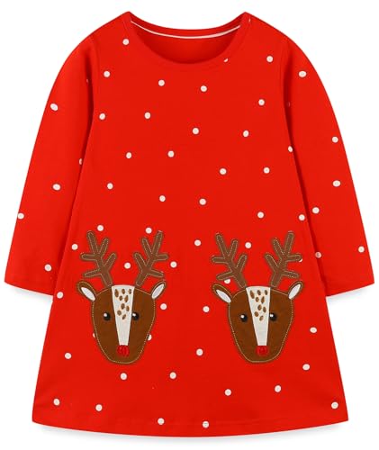 Image of Hongshilian Toddler Girls Longsleeve Dress Cotton Jersey Casual Dresses Cartoon Applique