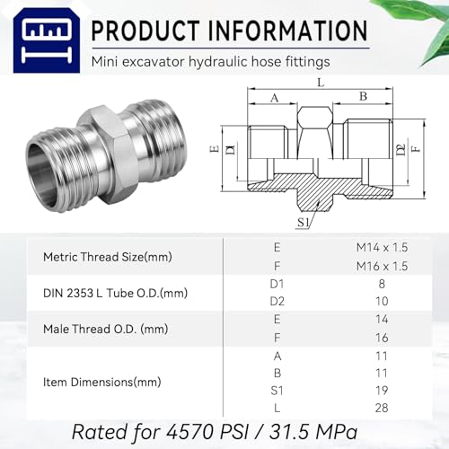 Image of 4Pcs M14 to M16 Hydraulic Fitting Adapters, Mini Excavators Carbon Steel Thread Connector, Compatible with AGT, FF Industries, VICSEC. Replaces Part #115757. Perfect for Hydraulic Thumbs & Attachments
