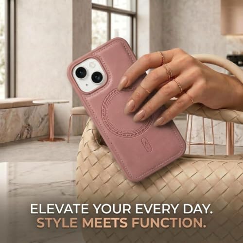 Image of amazon basics Premium PU Leather Case for iPhone 15, MagSafe Compatible Magnetic Ring, Sleek Protective Back Cover - [Pink]