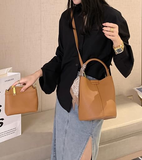 Women's small crossbody bag made of synthetic leather, mini bucket style shoulder bag with scarf, detachable shoulder strap - Image 3