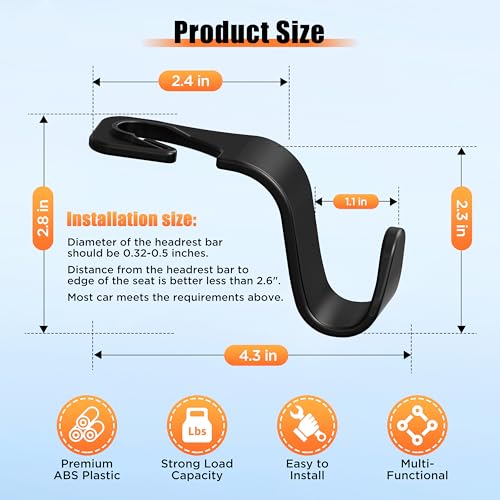 Image of Amooca Plastic Car Seat Headrest Hook 4 Pack Hanger Storage Organizer Universal For Handbag Purse Coat Universal Fit Vehicle Car Black With Buckle