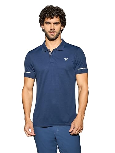 Image of TECHNOSPORT Men's Solid Slim Fit Polo Collar T-Shirt TECHNOCOOL+ Half Sleeve Button Polyester for Gym Running Workout UPF50+ Anti Odour