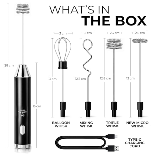 Image of Zulay Kitchen Rechargeable Milk Frother Handheld - Frother Wand, Drink Mixer, Electric Whisk Frother, for Cappuccinos, Matcha & Protein Powder - Ultra Metal 4 Whisk, 1800mAh Black