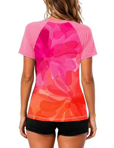 Image of AOBUTE Women Short Sleeve Rash Guard UPF 50+ Tropical Sun Protection Floral Swim Shirts