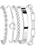 Gokeey Silver Cuff Bracelets for Women,Dainty Silver Bangles Bracelets Set for Women, Paperclip Link Chain Rope Beaded Tie Knot Bracelets Stack Chunky Jewelry