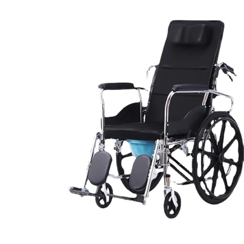 トイレ付き高齢者用車椅子軽量折りたたみベビーカートイレ用携帯トイレトイレ (【高級電気メッキ】防水性と防錆性、幅広で取り外し可能なアームレスト、取り外し可能な吊り脚+レザー+一輪のダブルシートクッション)