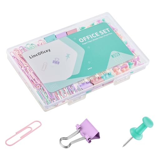 LincOficey 200pcs Paper Clips Binder Clips and Push Pins Set, Mini Clips and Thumb Tacks for Multipurpose Document Organization (Multicolor)