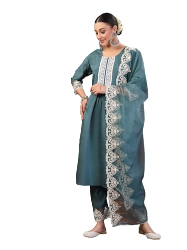 Image of Stylum Women's Embroidered Silk Blend Straight Kurta with Pant & Dupatta