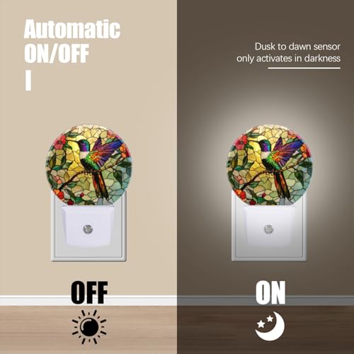 Image of LED Night Lights Lamp with Dusk to Dawn Sensor, Colorful Hummingbird Perched On Branch Night Light Plug Into Wall for Kids Room, Bedroom, Bathroom, Kitchen, Hallway