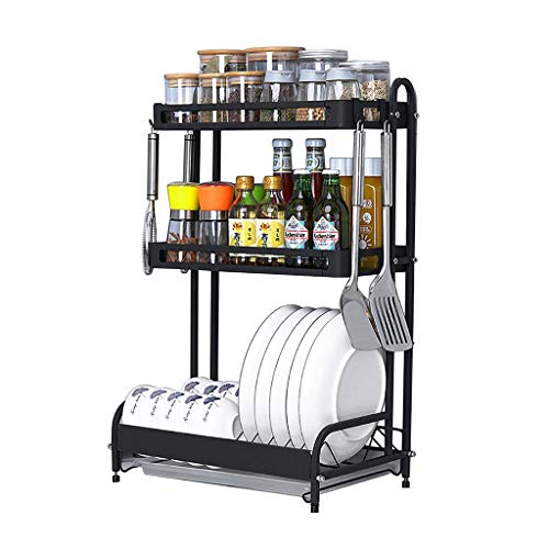 Escurridor para platos que ahorra espacio con 3 niveles para platos, cuencos y especias, incluye soporte para cuchillos, soporte para tabla de cortar y escurridor de platos, color negro