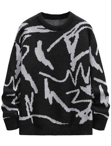 ZAFUL Men's Oversized Sweater Long Sleeve Crewneck Y2K Graphic Color Block Casual Knitted Pullover Sweater