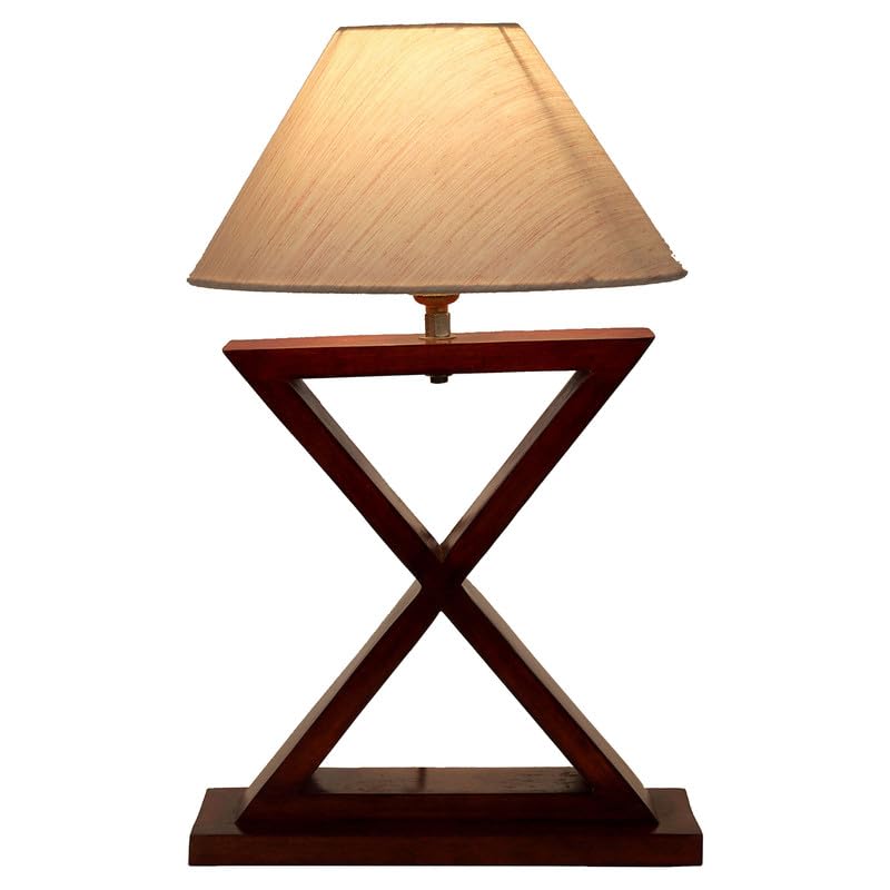 Image of tu casa Table Lamps with Mango Wood Base & Off-White Cotton Shades for Home Decor, Bedrooms, Living Room, Gifting, Diwali Decoration, Dining Space, Study Room, Hall (Height- 42cm) - Bulb not Included