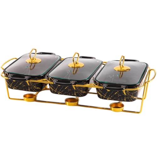 3 x 0,9 QT Keramik-Chafing Dish Buffet-Set – 3-in-1 Warmhalteschalen für Lebensmittel – Glasdeckel Chafer und Buffetwärmer Sets für Geburtstag, Hochzeit – ideal für Buffet-Service