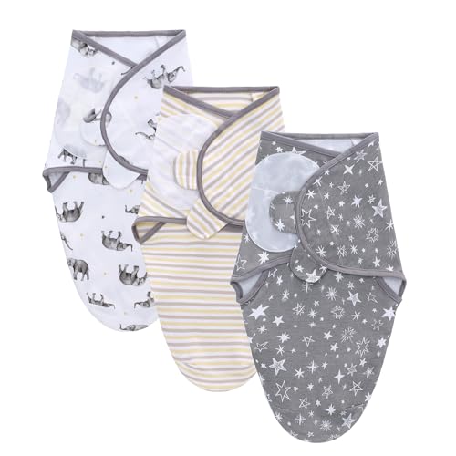 Image of LAT Swaddle Blanket with zip Baby Girl Boy-Easy Adjustable 3 Pack Infant Sleep Sack Wrap Newborn Babies 100% Cotton Sleep Bag(Gray Elephants,0-3Months)