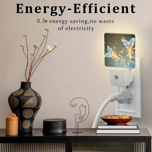 Image of Magical Butterflies with Flowers Night Light Plug into Wall, Glitter Sparkle Butterfly Dusk to Dawn Night Light Plug in,0.5w Energy Saving Sleep Friendly NightLight for Kids Boys Girls Home Decor