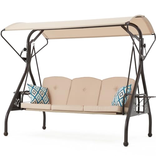 Image of ZZW 800LBS Patio Swing with Canopy 3 Seat Outdoor Porch Swing with Stand w /Cup Holder & Pillow Glider Chair Swing Bed for Patio Backyard Poolside (Khaki)