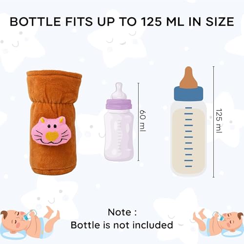 Image of Soft Plush Stretchable Baby Feeding Bottle Cover Easy to Hold Strap with Cute Animated Cartoon| Suitable for 60-125 Ml Feeding Bottle (Brown-Cream)