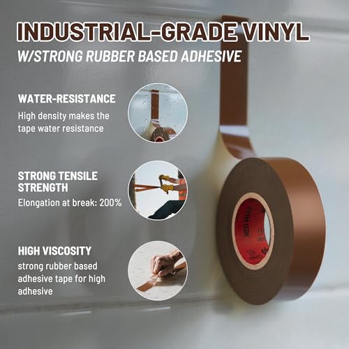 Image of RED WOLF 10 Pack Brown Electrical Tape 3 /4 Inch x 66 Ft Industrial Grade UL /CSA Listed 7 Mil Thick Flame Retardant High Temp Waterproof Electrical PVC Tape Electric Super Vinyl Rated 600V