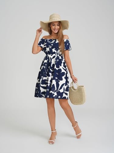 Image of Womens Off Shoulder Ruffle Floral Wedding Guest Dresses A Line Shift Short Skater Dress