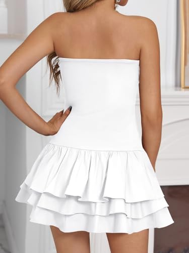 Image of Yousify Womens Sexy Strapless Tube Dress Summer Sleeveless Tiered Ruffle Club Party Mini Dresses with Built-in Shorts