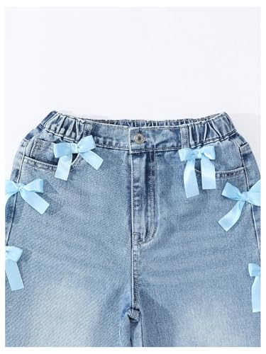 WDIRARA Girl's Cute Bowknot Elastic Waist Jeans High Waisted Straight Leg Denim Pants4