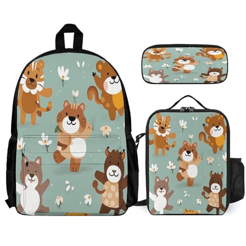 3-in-1 Backpack Combination Set Cartoon Animal Patterns Print 3Pcs Backpack Sets Travel Daypack with Lunch Bag And Cosmetic Bag